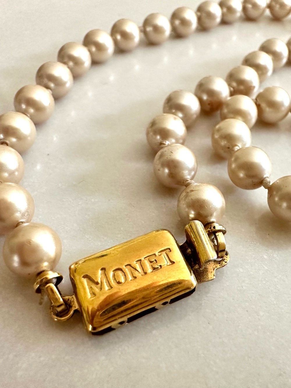 Vintage Monet Faux Champagne Pearl Necklace, 16”, EUC